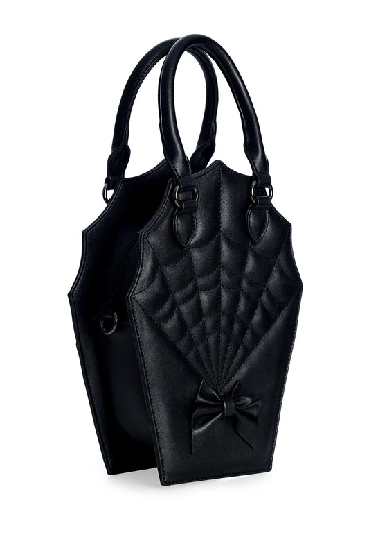 Small coffin shaped handbag with quilted spider web print and black bow. 