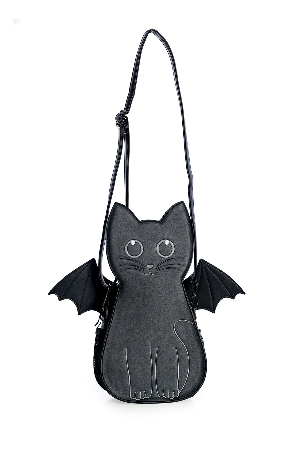 Cat shaped handbag with bat wings in black. 