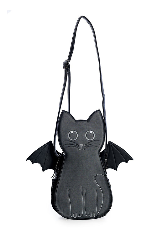 Cat shaped handbag with bat wings in black.