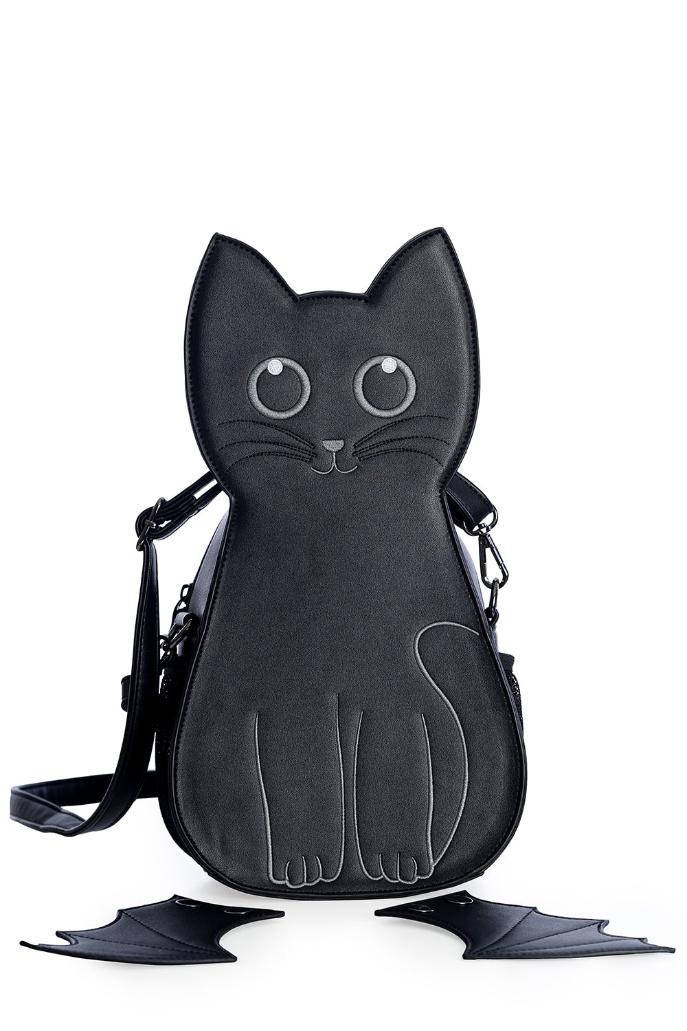 Cat shaped handbag with detachable bat wings in black. 