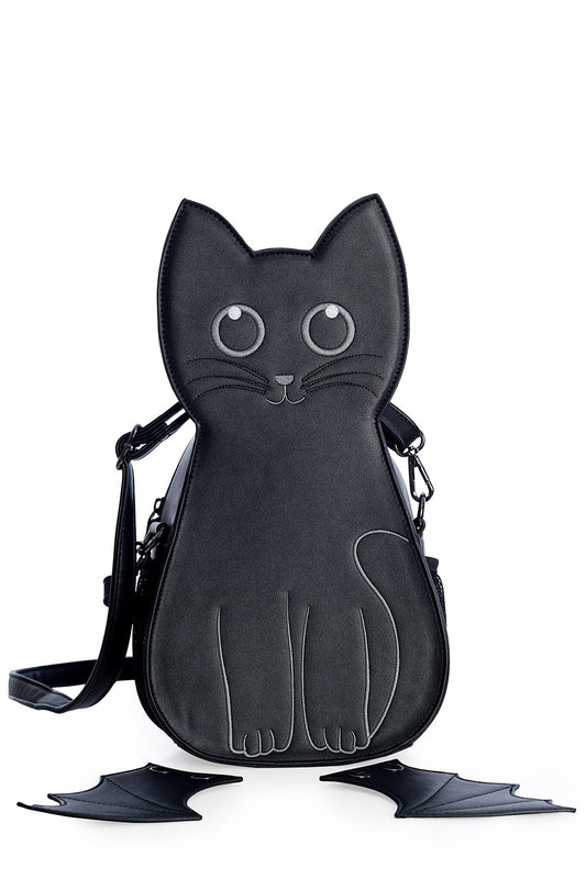Cat shaped handbag with detachable bat wings in black.