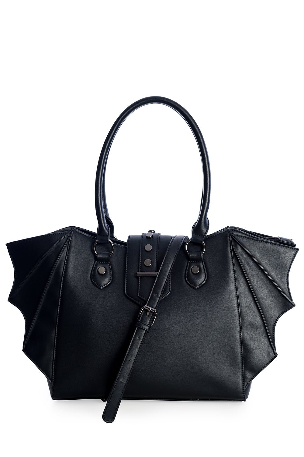 Black handbag with bat wing side details with additional long strap