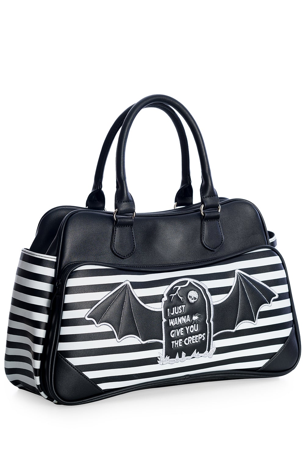 Large black handbag in black and white stripe with gravestone and batwing print with the phrase 'I just wanna give you the creeps' 