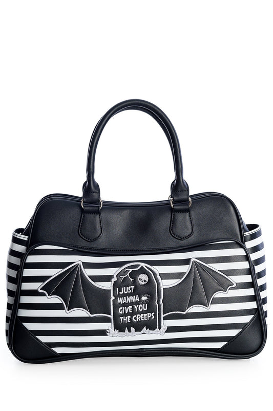 Large black handbag in black and white stripe with gravestone and batwing print with the phrase 'I just wanna give you the creeps' 