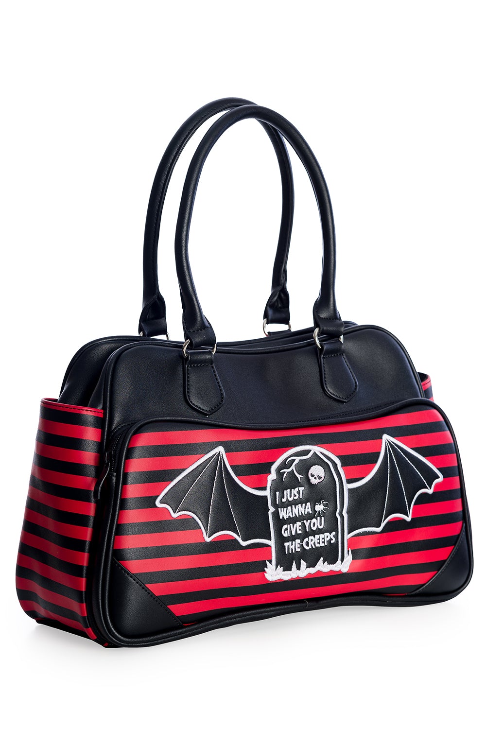 Large black handbag in black and red stripe with gravestone and batwing print with the phrase 'I just wanna give you the creeps' 