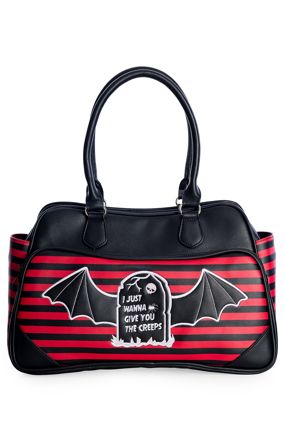 Large black handbag in black and red stripe with gravestone and batwing print with the phrase 'I just wanna give you the creeps' 