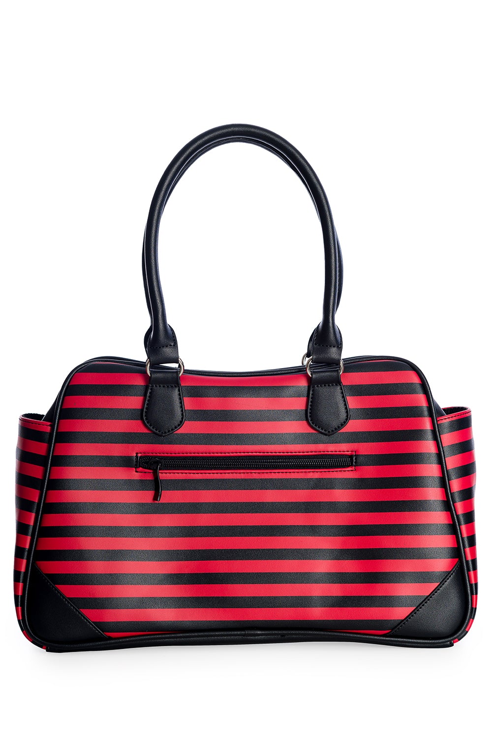 Large black handbag in black and red stripe with gravestone and batwing print with the phrase 'I just wanna give you the creeps' 