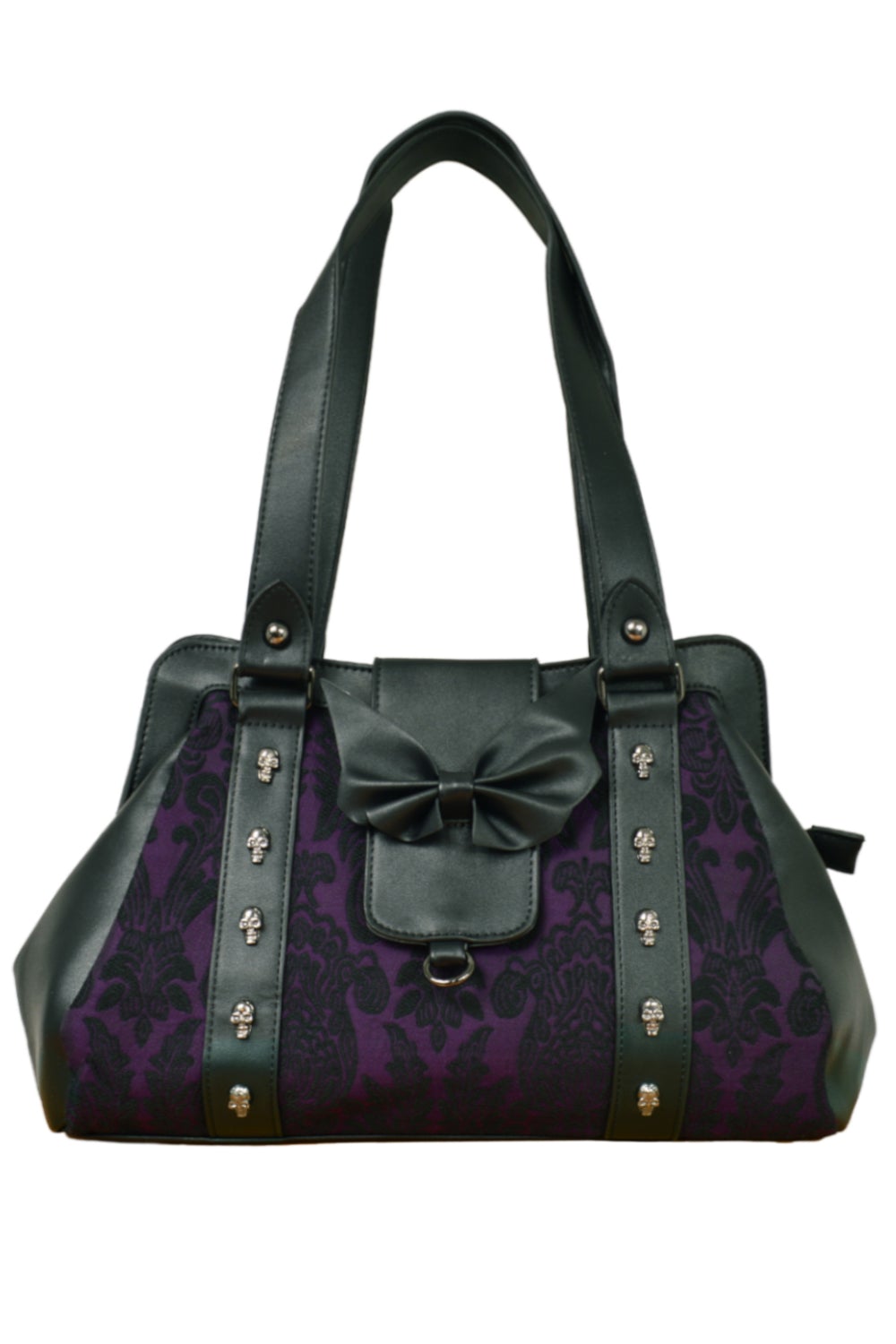 Dark green and purple shoulder bag with skull studs, lace features and black matte bow. 