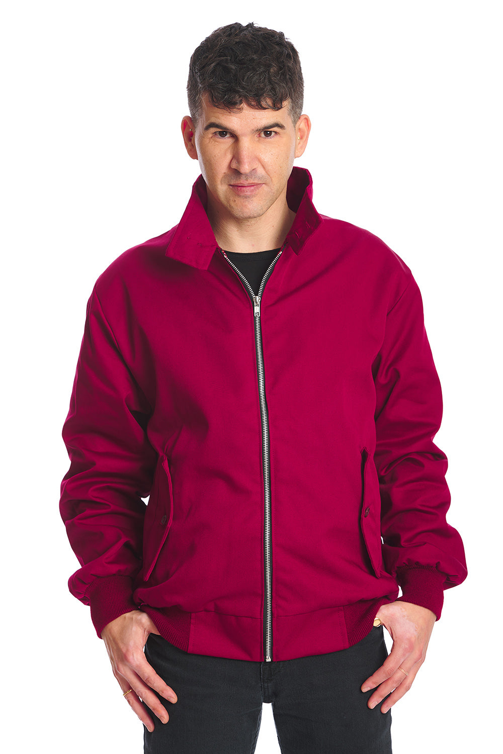 Male model in red bomber jacket