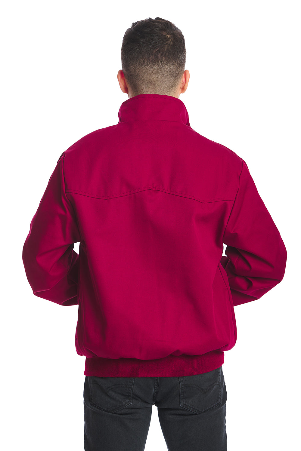 Male model in red bomber jacket