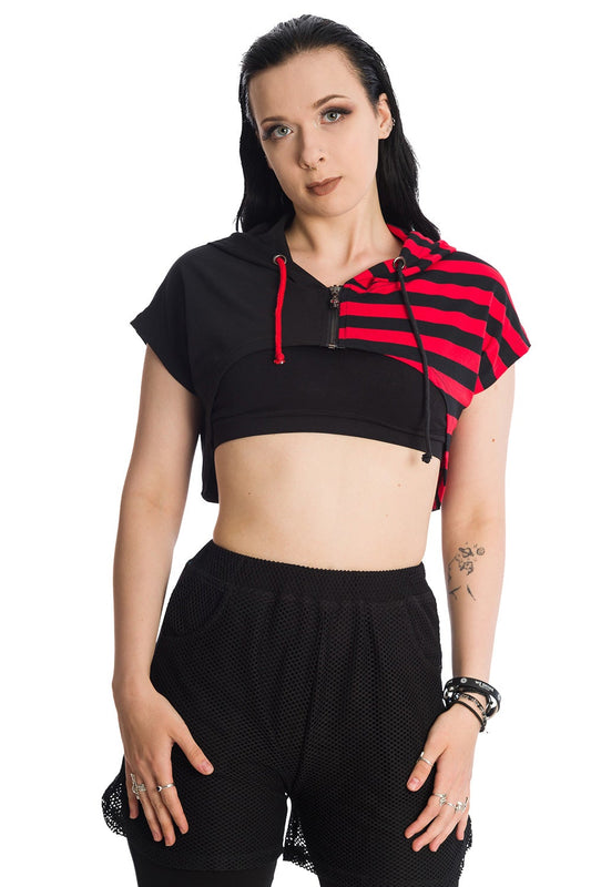Alternative model in cropped half red strip and half black hoodie