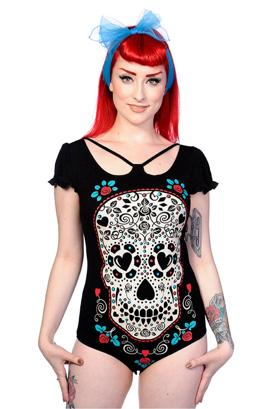 Banned Alternative Skull With Roses Bodysuit