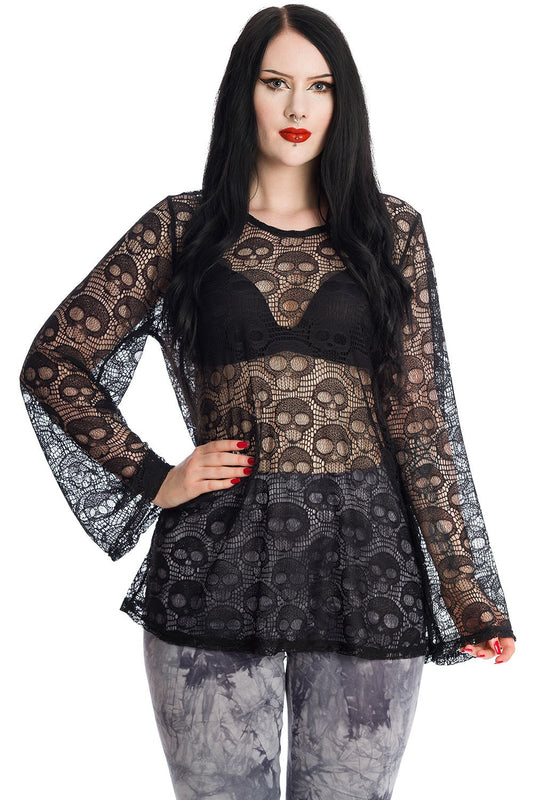 Banned Alternative Lace Skull Black Long Sleeve Top