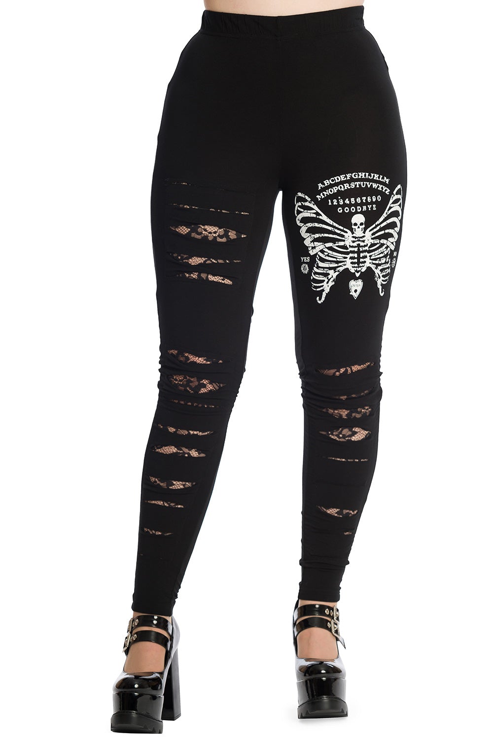 Black high waisted leggings with rips on both legs with lace underneath. Skeleton butterfly with ouija print on left thigh. 