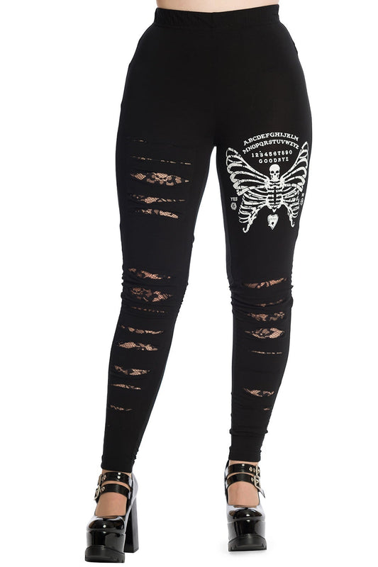Black high waisted leggings with rips on both legs with lace underneath. Skeleton butterfly with ouija print on left thigh.