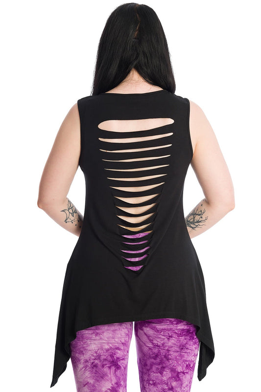 Back of black longline vest with rip features. 