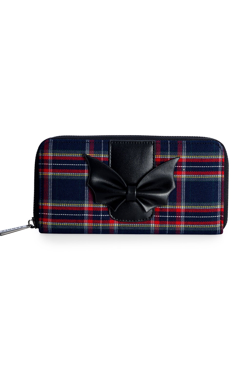 Navy tartan print purse with bat styled bow detail on the front. 