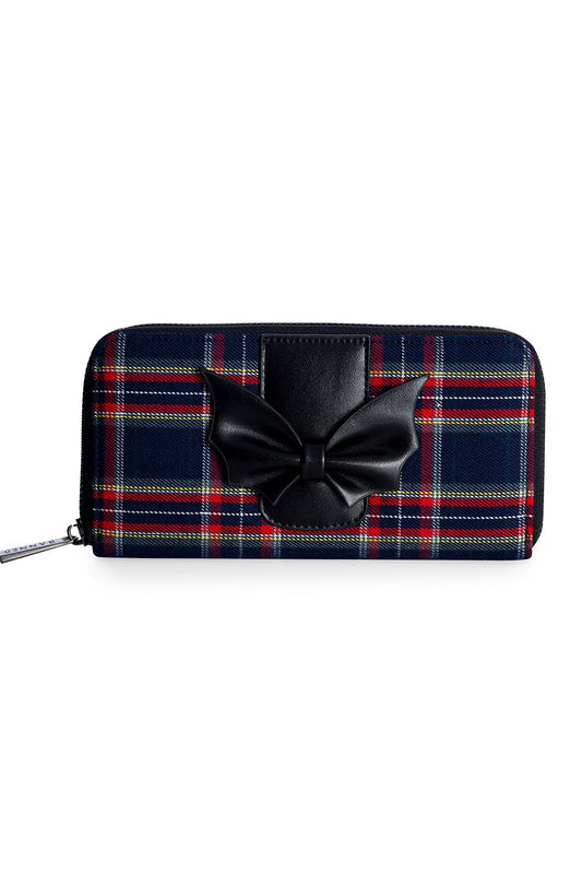 Navy tartan print purse with bat styled bow detail on the front.