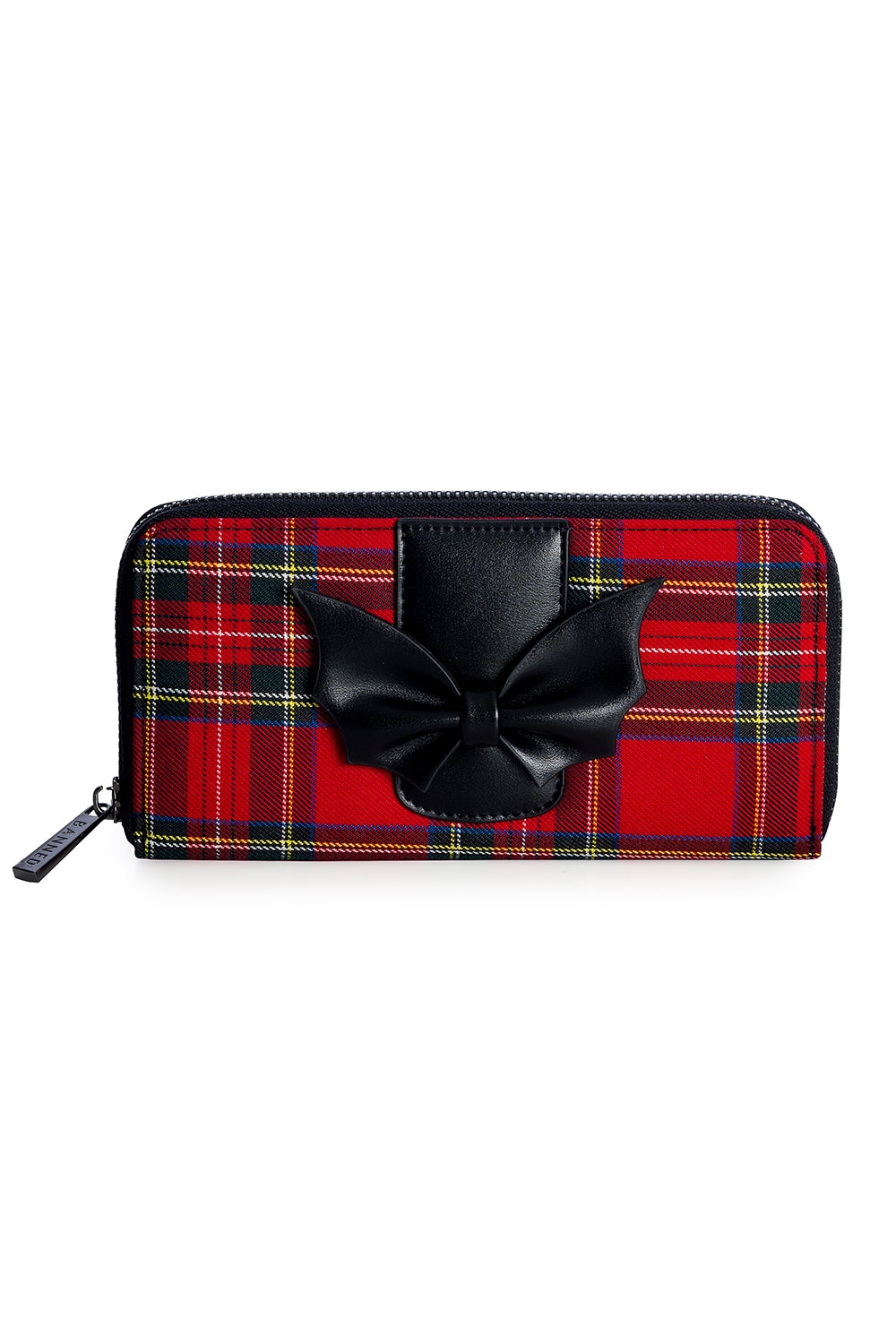 Red tartan print purse with bat styled bow detail on the front. 