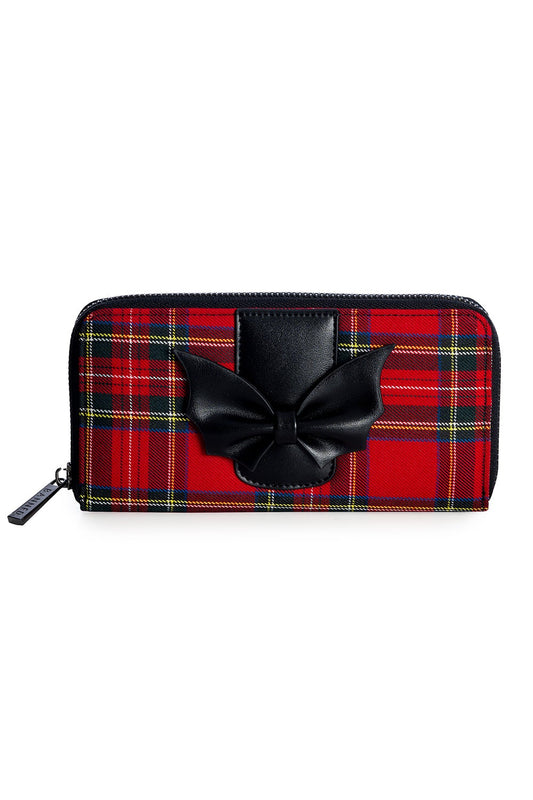 Red tartan print purse with bat styled bow detail on the front.