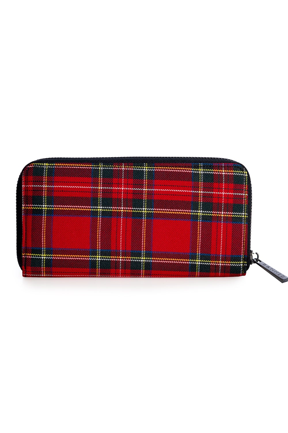 Back of red tartan print purse