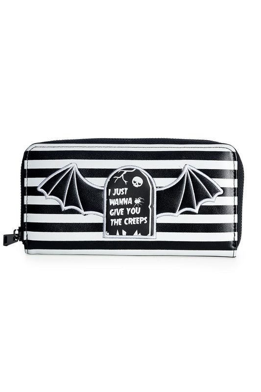 Black and white striped purse with gravestone reading 'I wanna give you the creeps' on the front and wing details 