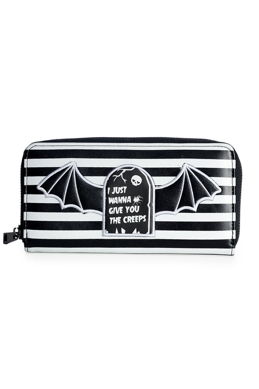 Black and white striped purse with gravestone reading 'I wanna give you the creeps' on the front and wing details