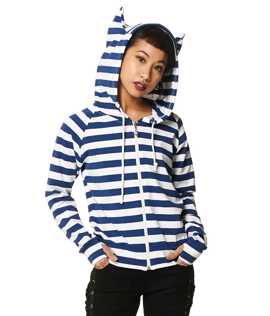 Alternative model in striped blue and white hoodie with cat ear hood.