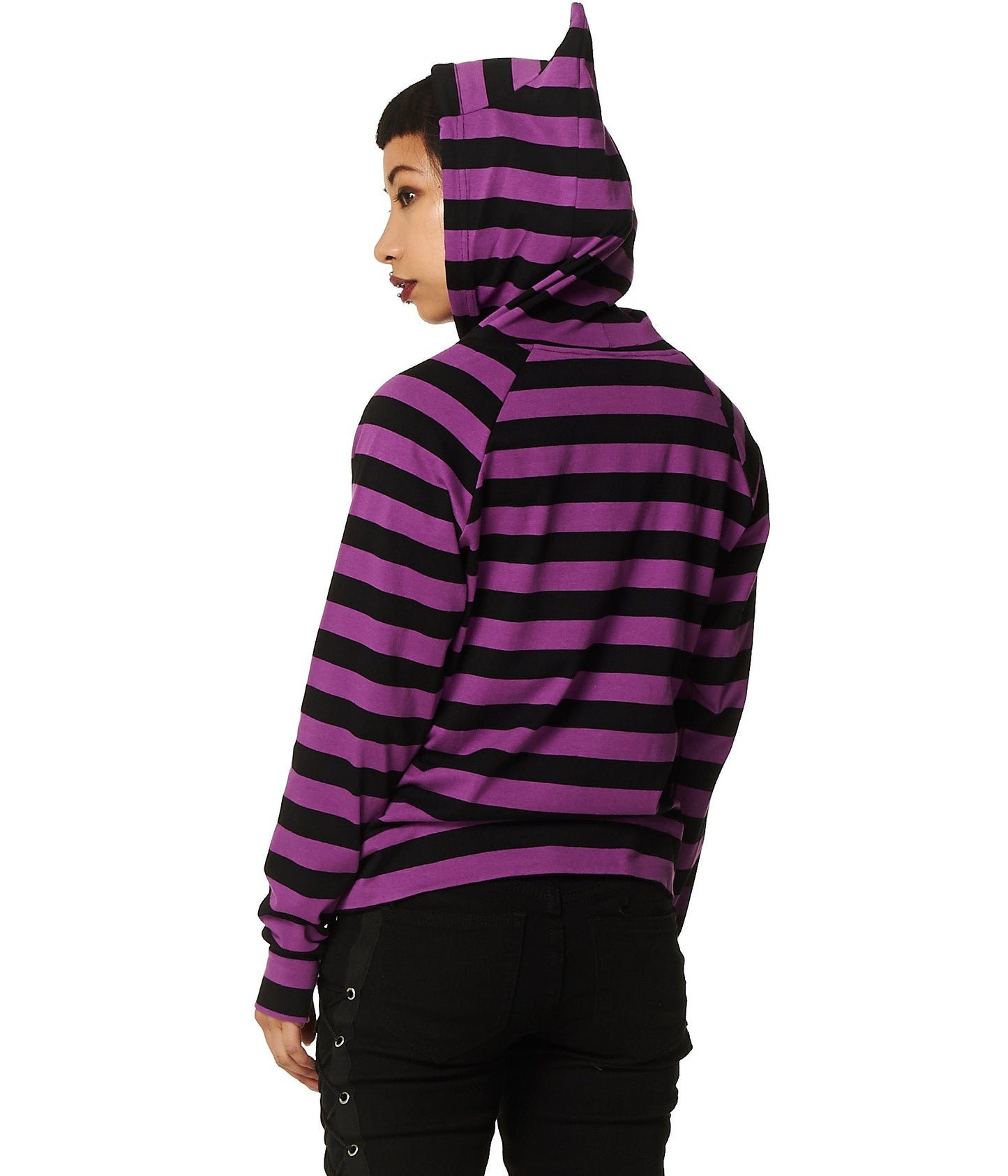 Alternative model in striped purple hoodie with cat ear hood.