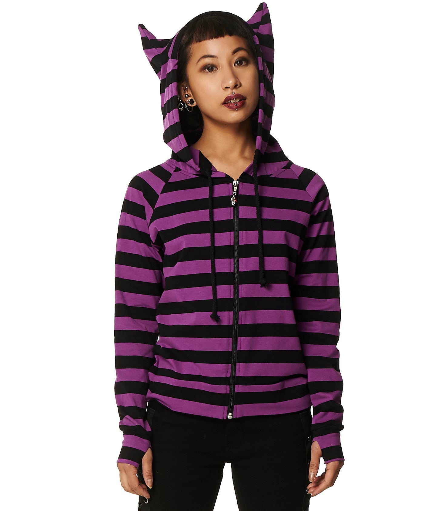 Alternative model in striped purple hoodie with cat ear hood.