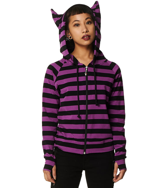 Alternative model in striped purple hoodie with cat ear hood.