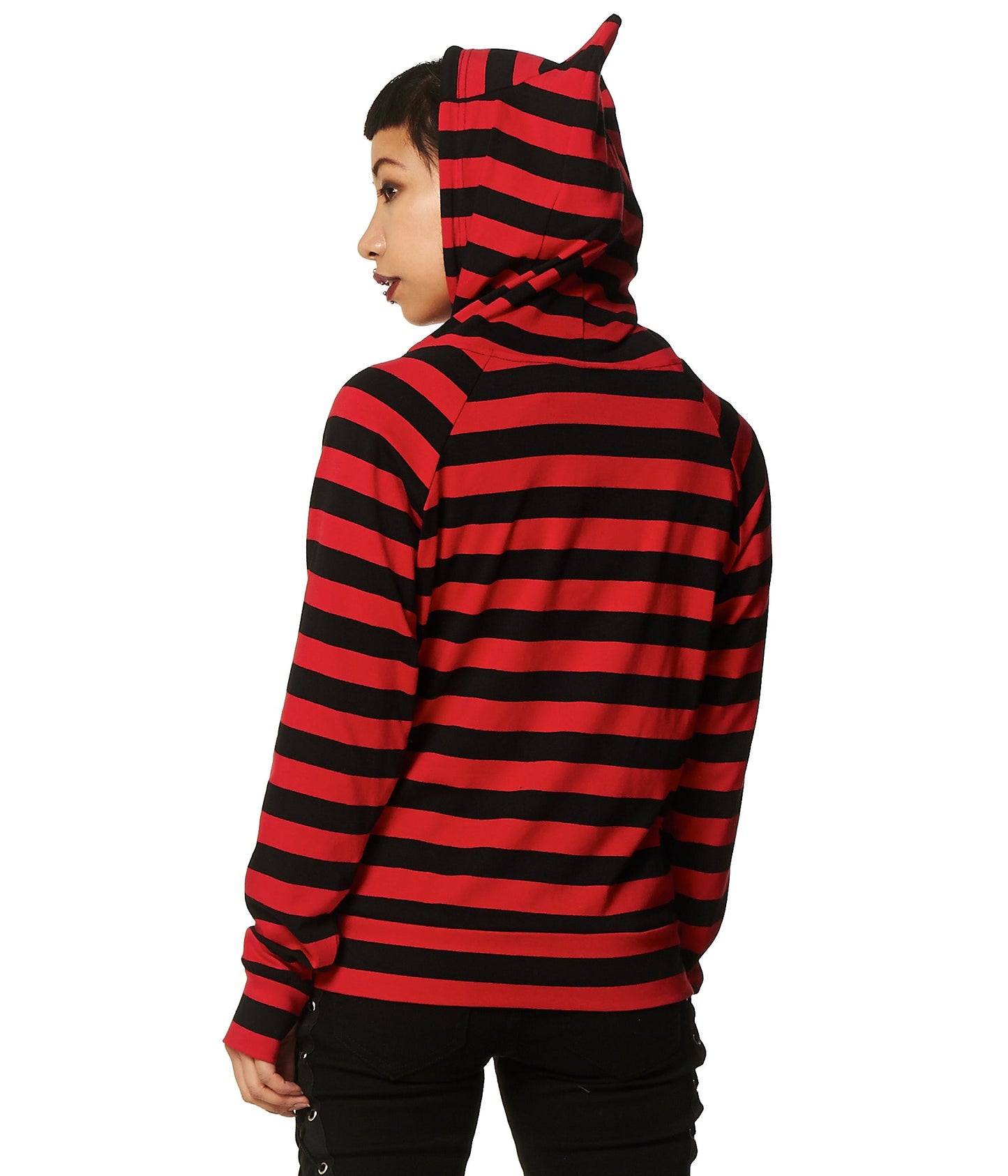 Alternative model in striped black and red hoodie with cat ear hood.